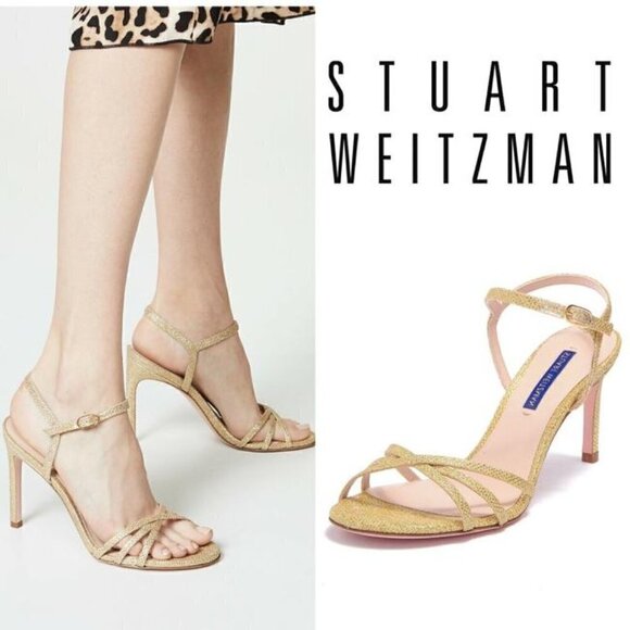 New Stuart Weitzman Gold Starla 80mm Crisscross Metallic Glitter Sandals - Picture 3 of 16